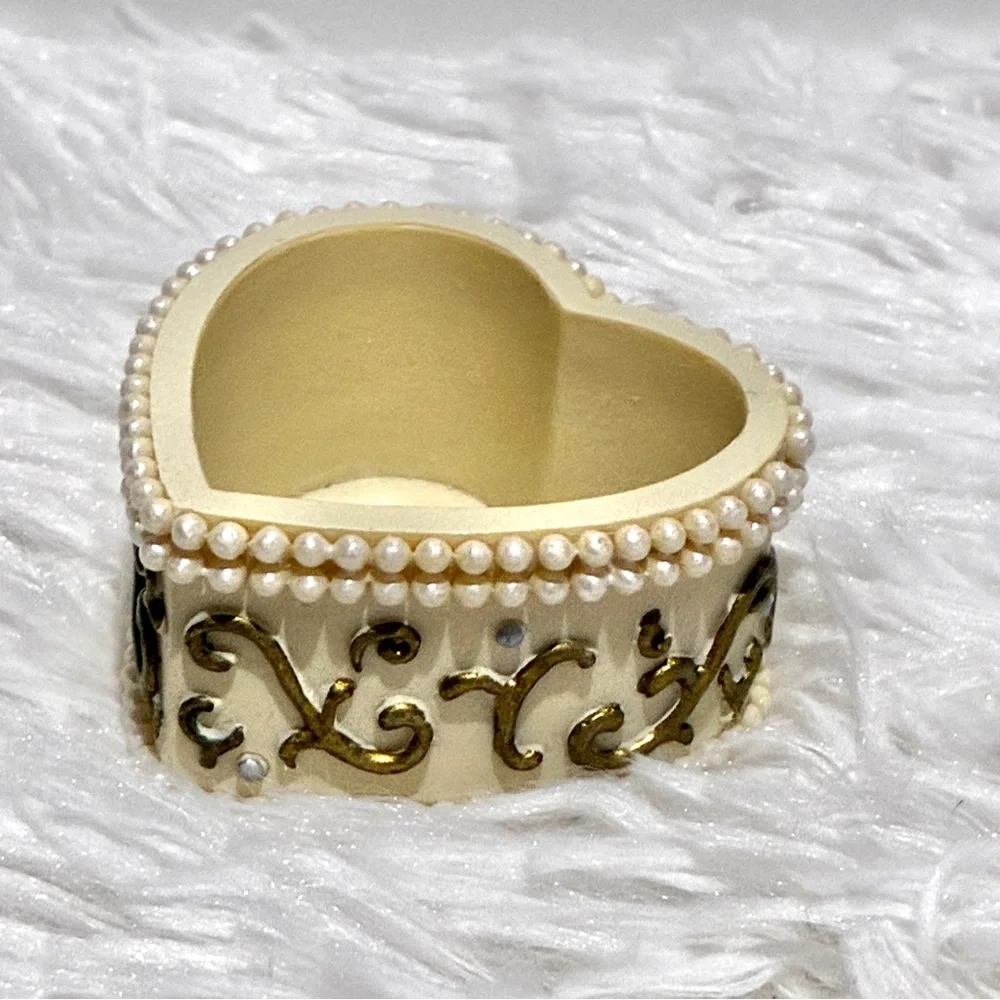 Cottagecore Italian Heart-Shaped Trinket Box With Grannycore Pearls & Gold Bells